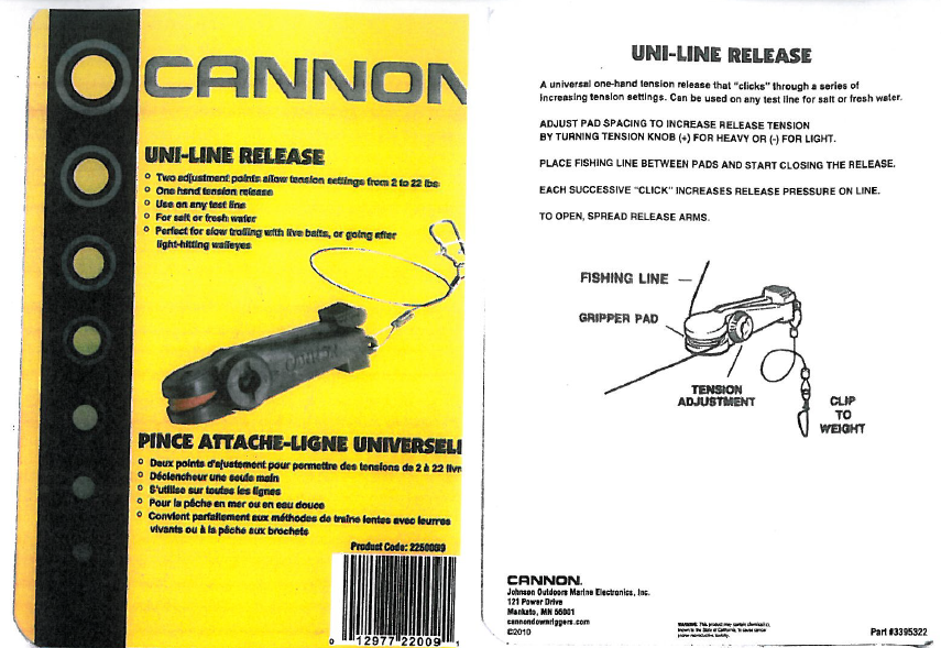 Lot Of 2 Cannon Downrigger Adjustable Line Releases - Uni-Line Brand New 2250009